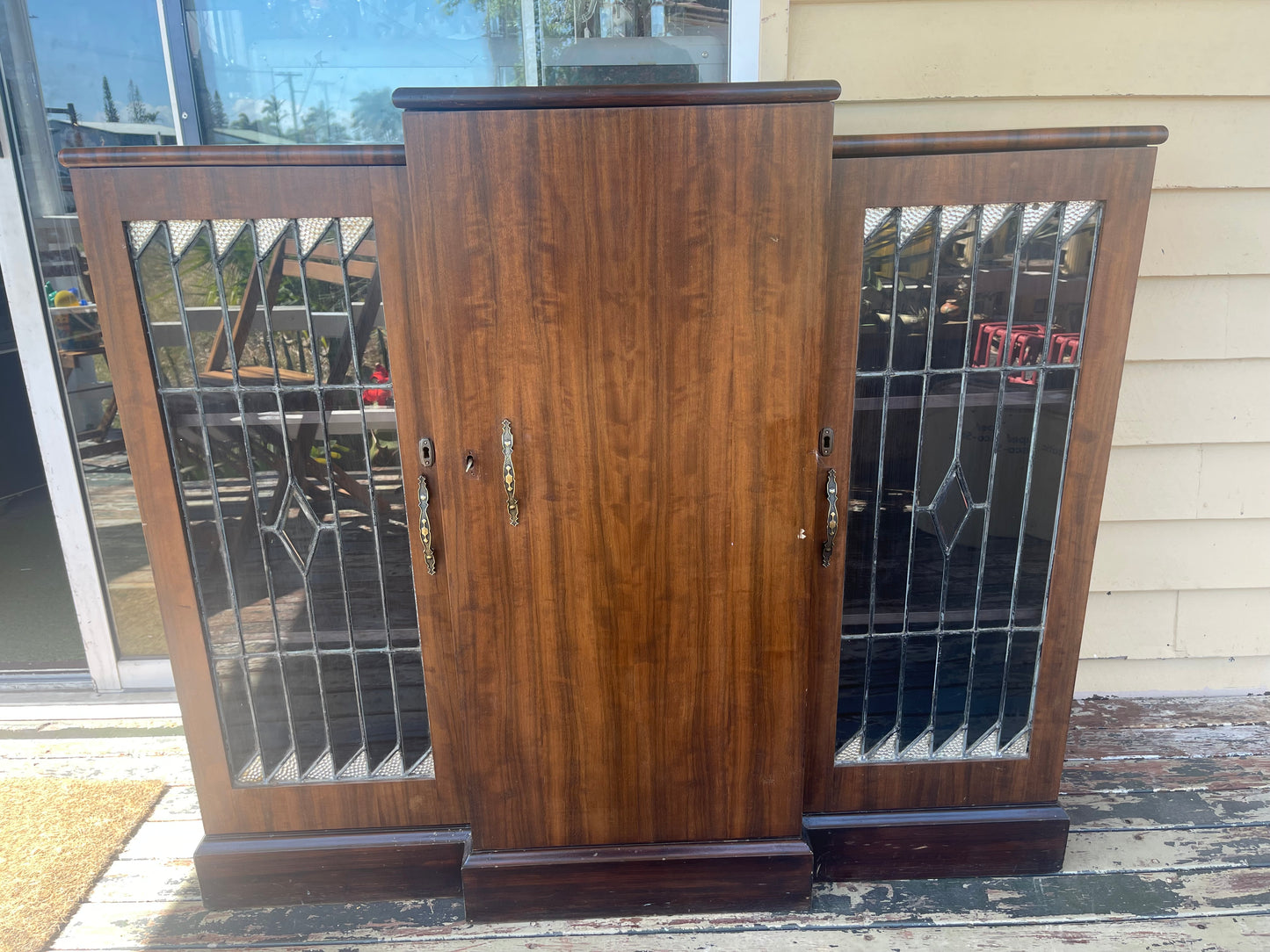 Vintage 1940s  Art Deco Timber record cabinet with Leadlight