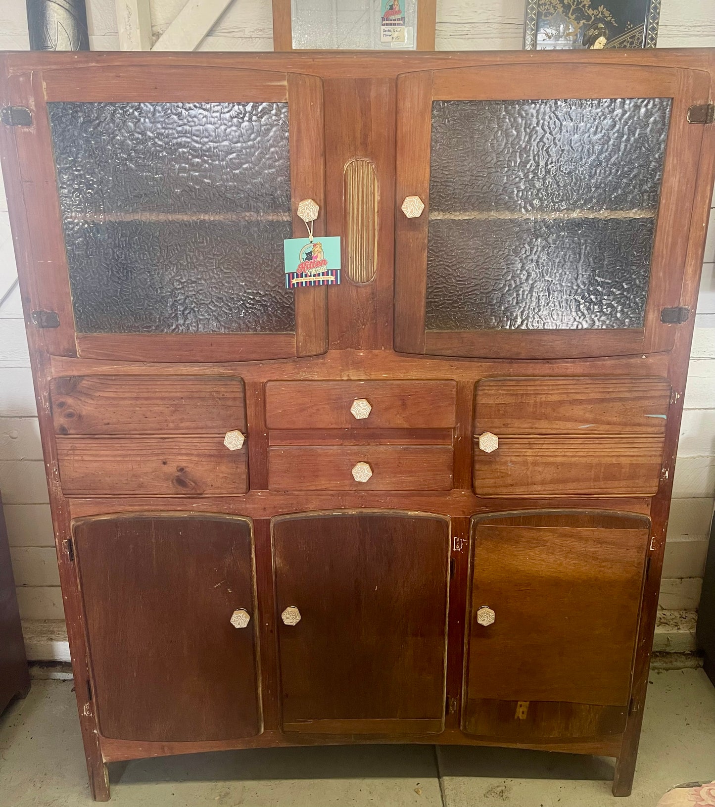 Vintage 1930s Timber Kitchen cabinet with glass doors