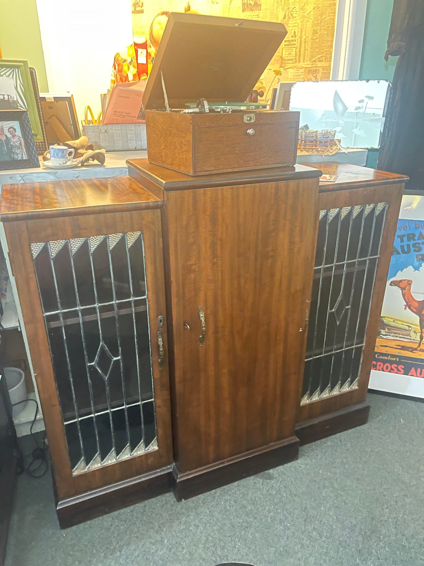 Vintage 1940s  Art Deco Timber record cabinet with Leadlight