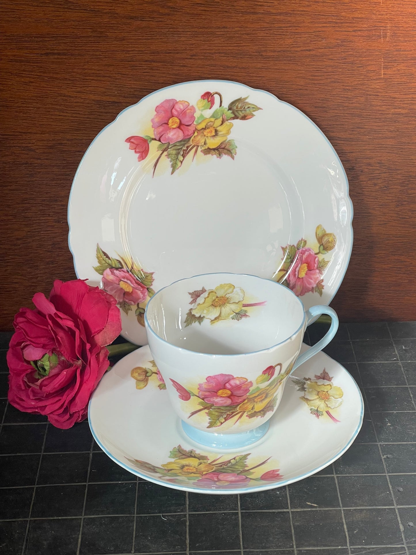 Vintage 1950s white/blue Shelley Fine Bone china trio Begonias