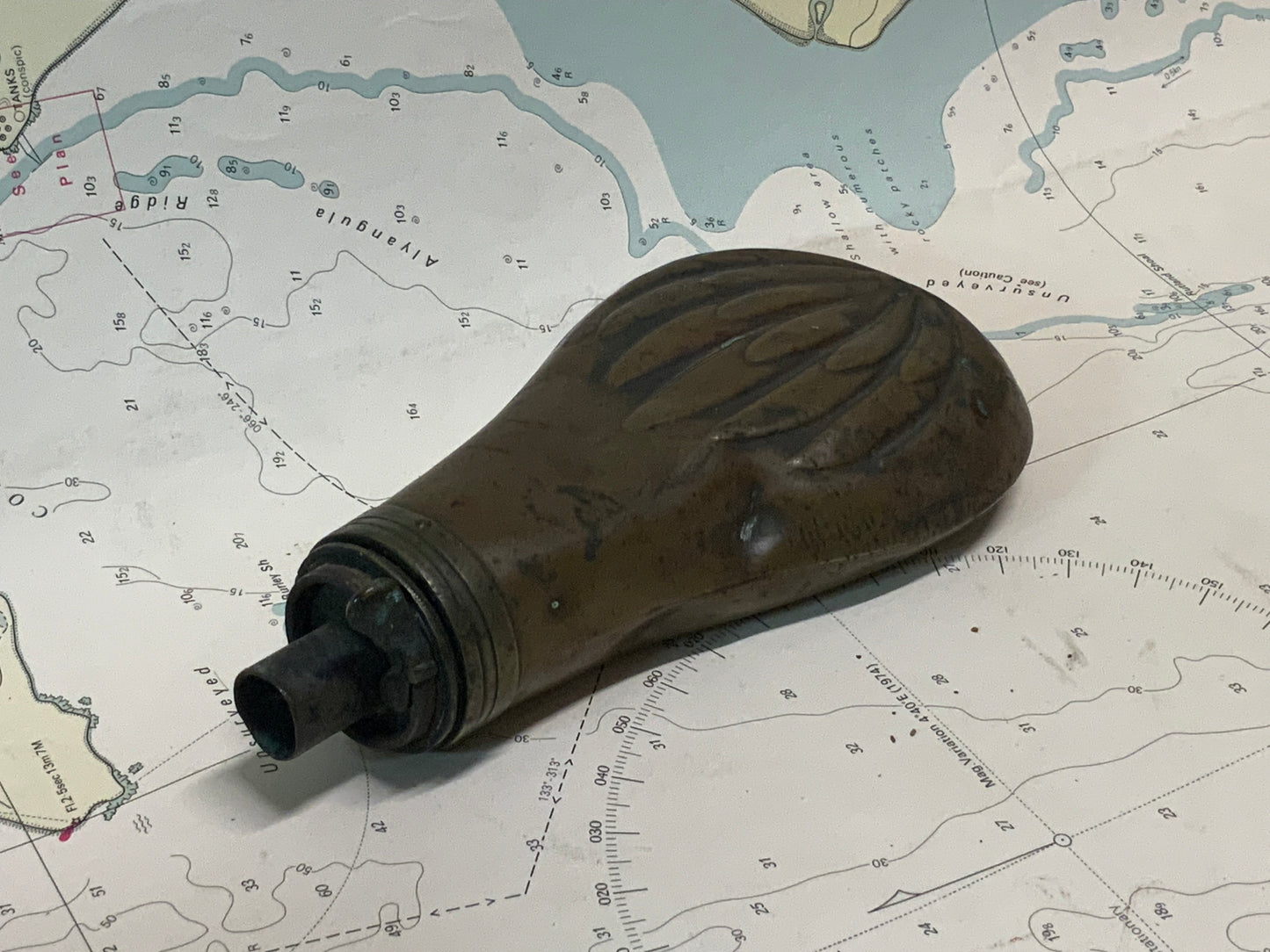 Victorian Brass Gunpowder Flask with Shell Motif c.1850–1880