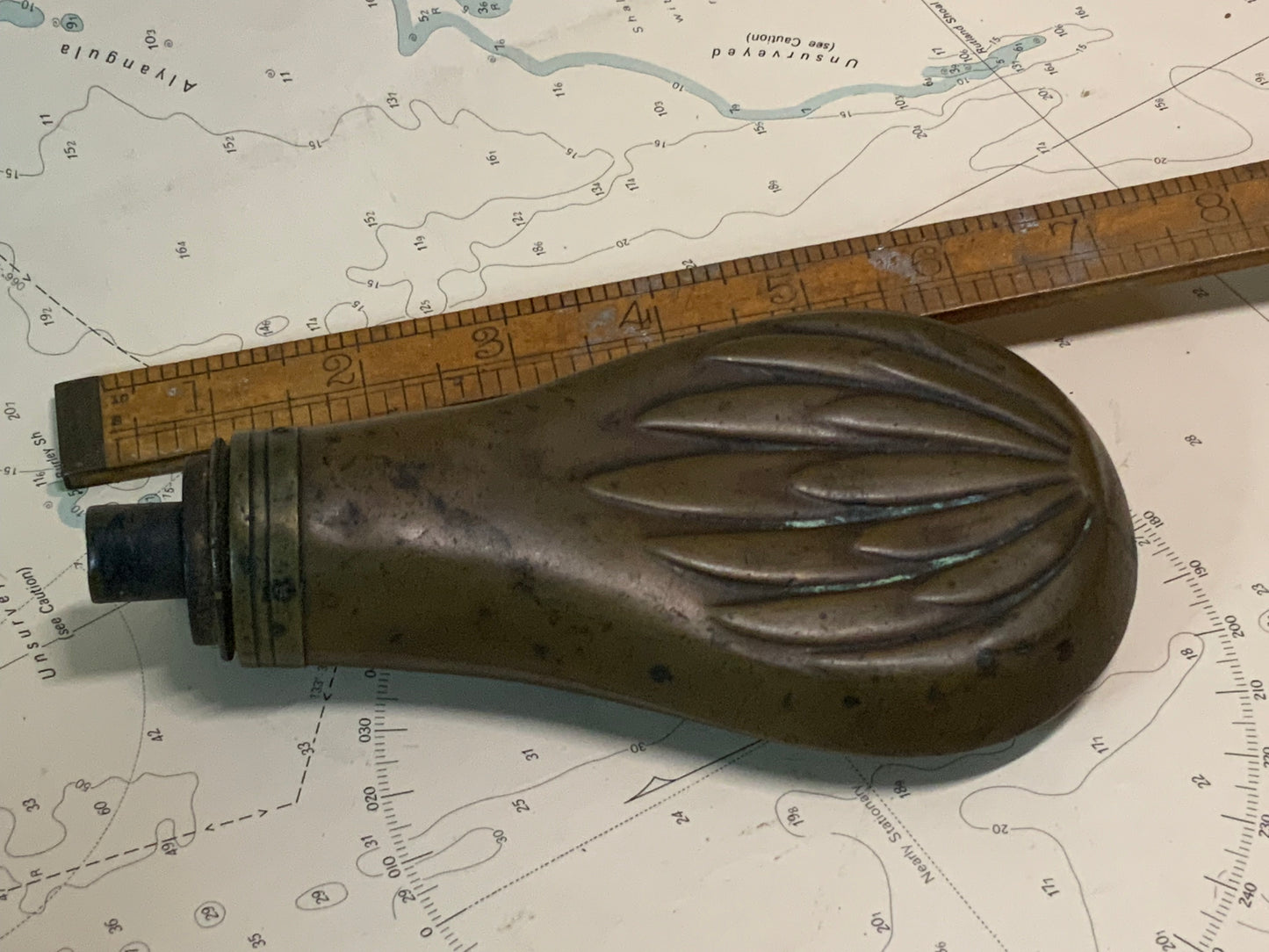 Victorian Brass Gunpowder Flask with Shell Motif c.1850–1880