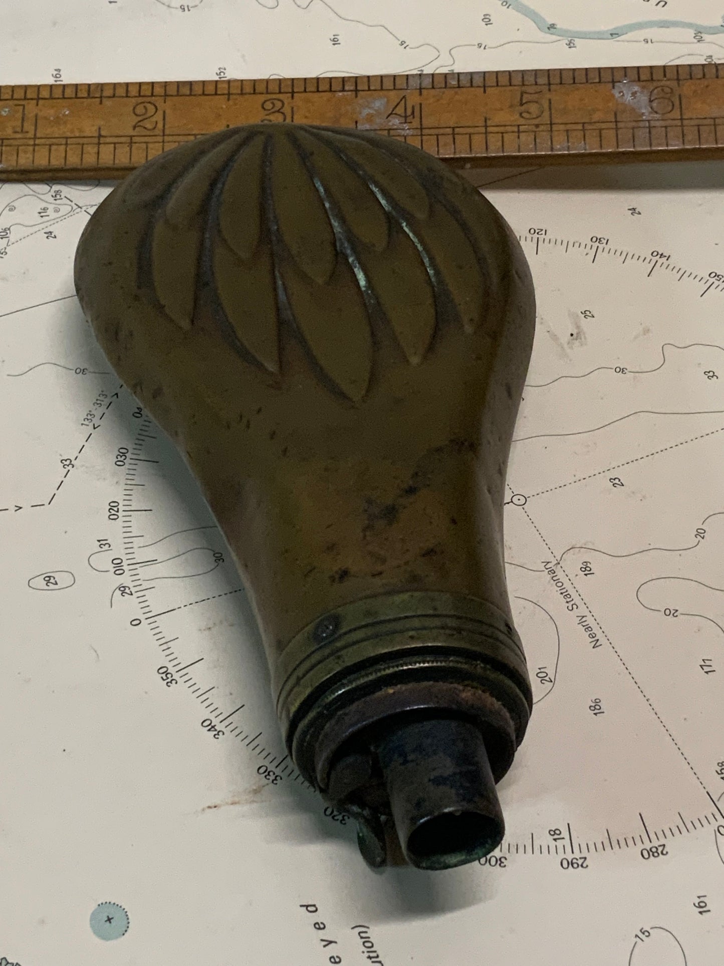 Victorian Brass Gunpowder Flask with Shell Motif c.1850–1880