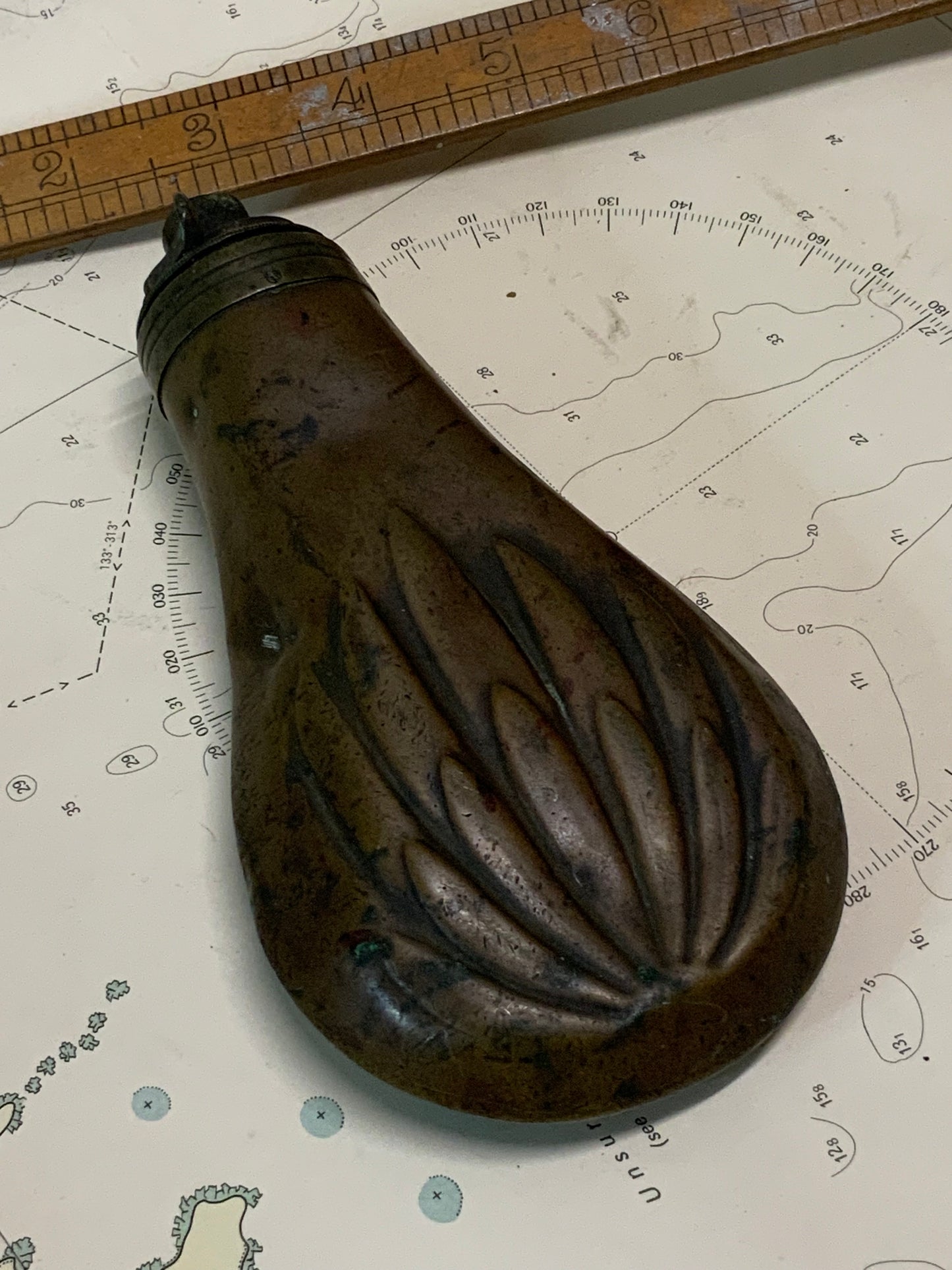 Victorian Brass Gunpowder Flask with Shell Motif c.1850–1880