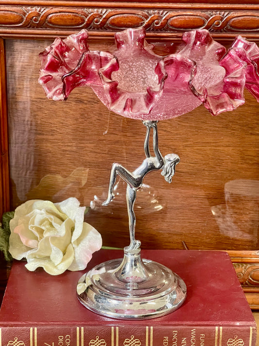 Vintage silver lady holding pink ruffled Sawtooth Edge Bowl