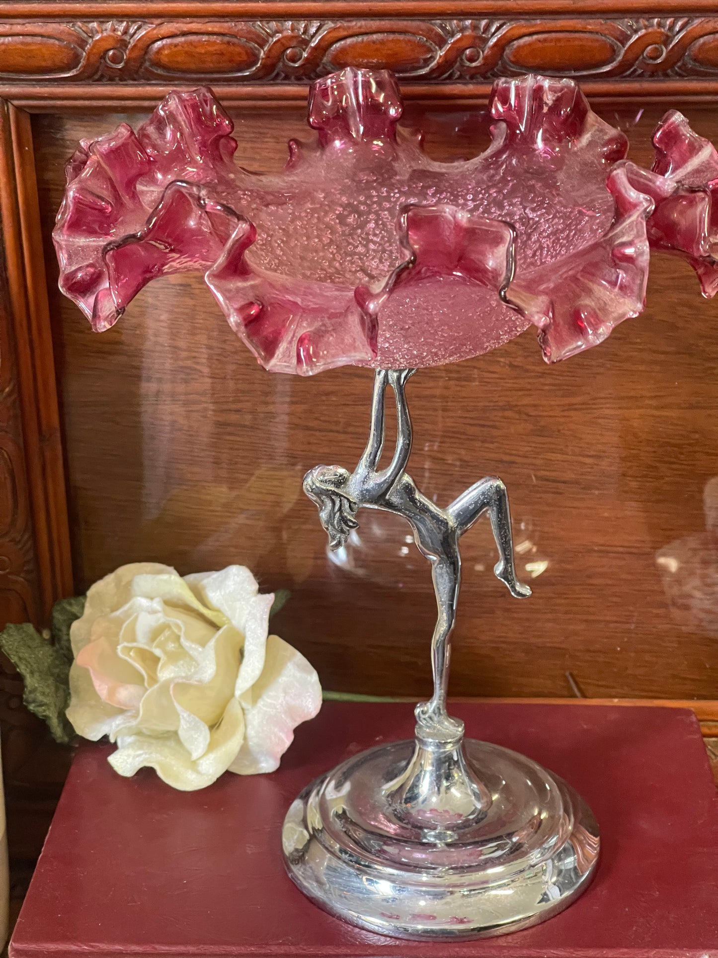 Vintage silver lady holding pink ruffled Sawtooth Edge Bowl