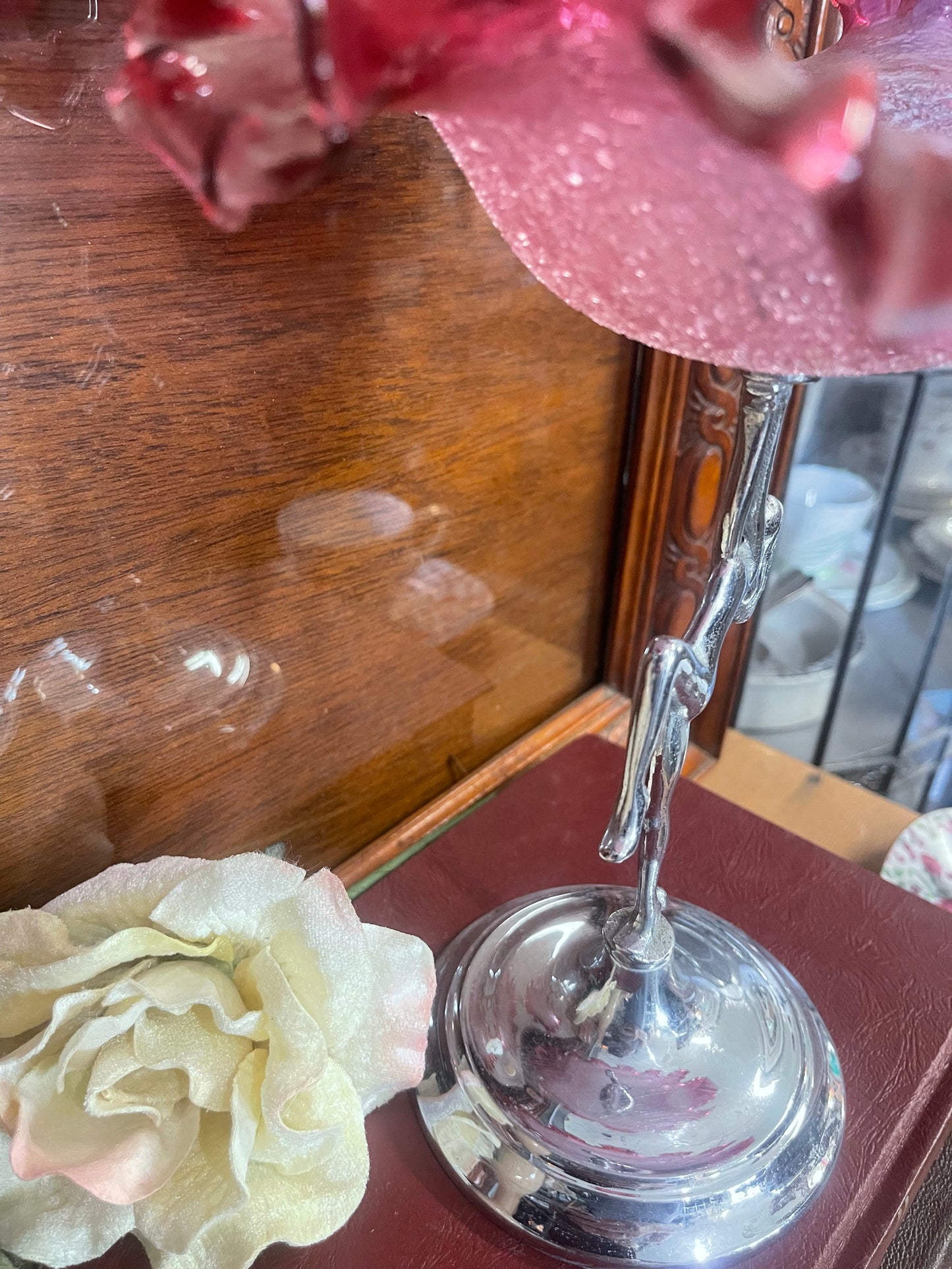 Vintage silver lady holding pink ruffled Sawtooth Edge Bowl