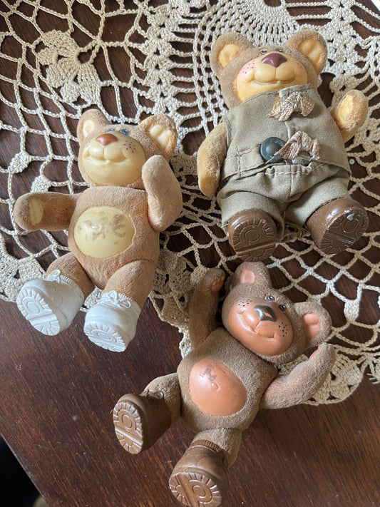 1980s Furskins Mini Bears – Set of Three (Original Flocked Figures)