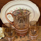 Vintage 1950s Striped Brown and Gold Glass jug and four Glasses