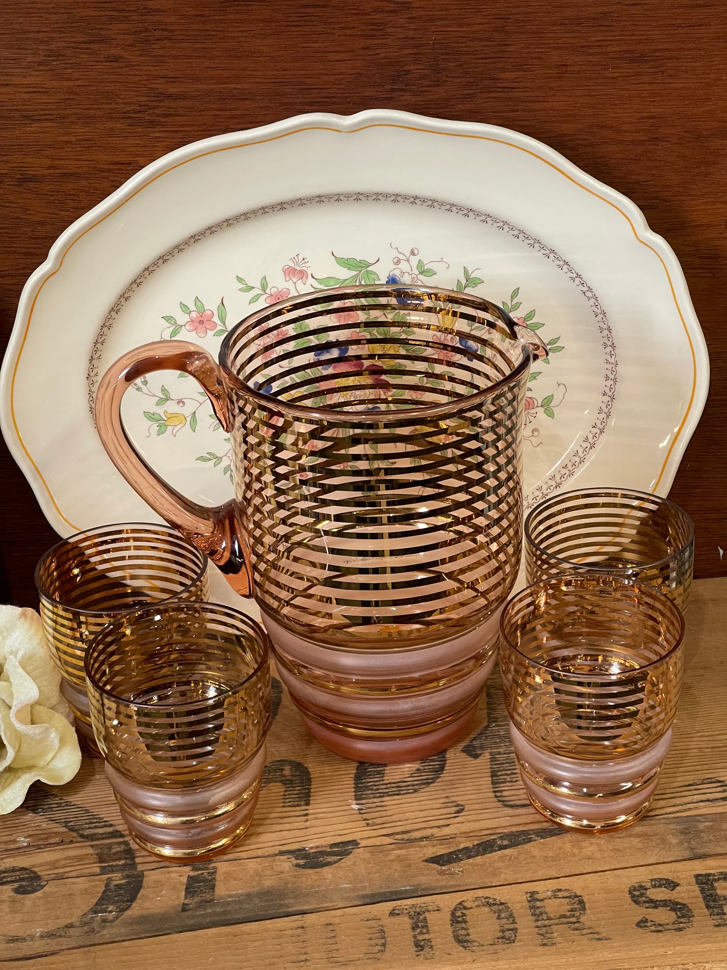 Vintage 1950s Striped Brown and Gold Glass jug and four Glasses