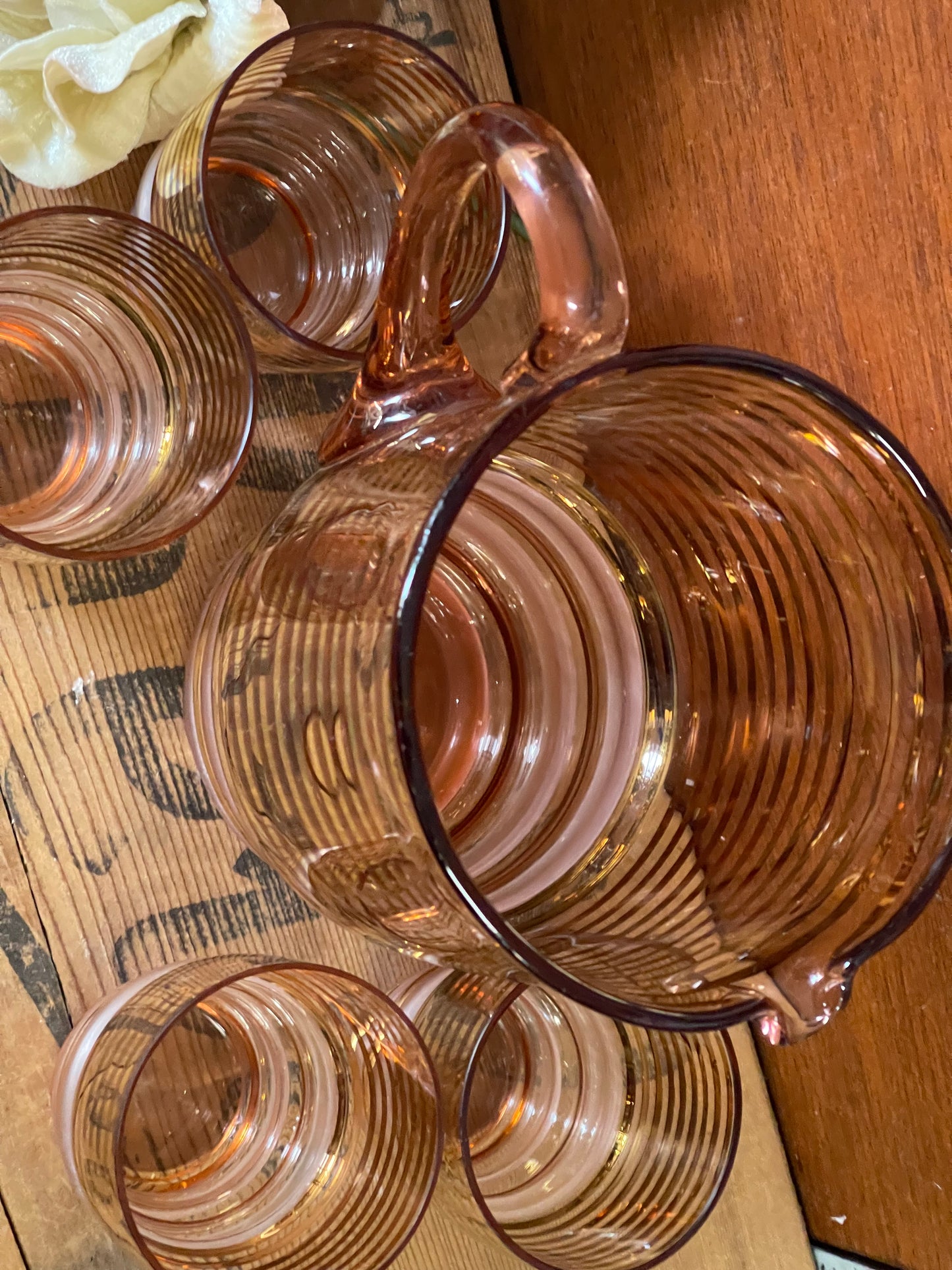 Vintage 1950s Striped Brown and Gold Glass jug and four Glasses