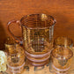 Vintage 1950s Striped Brown and Gold Glass jug and four Glasses