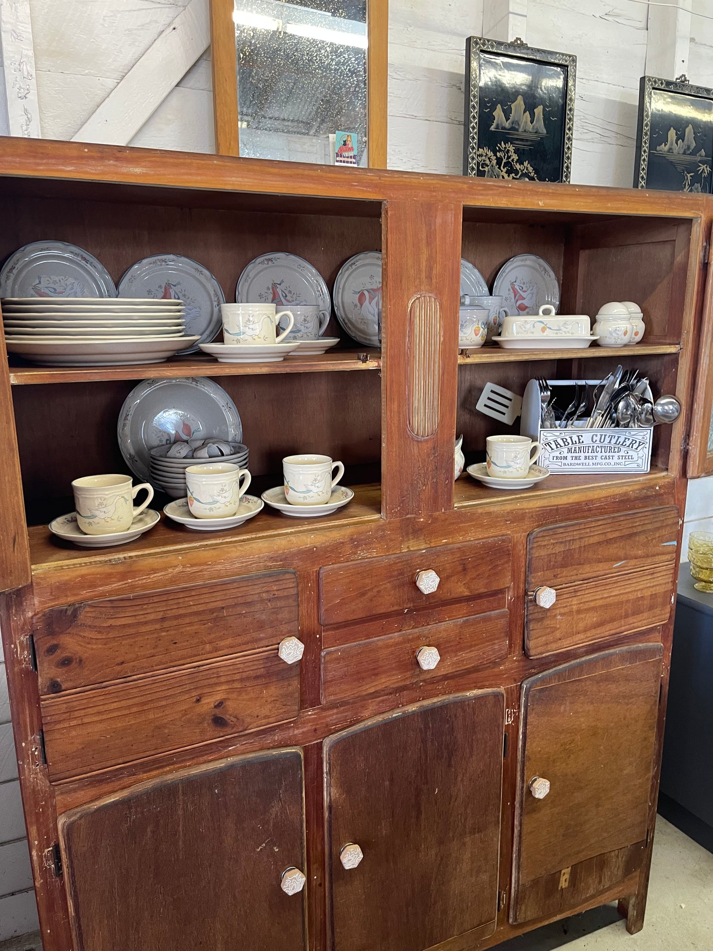 Vintage 1930s Timber Kitchen cabinet with glass doors