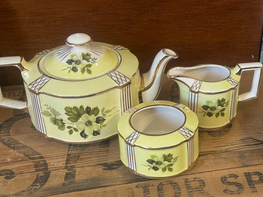 Vintage 1950s lemon and gold Sadler Tea Pot, milk jug and sugar bowl