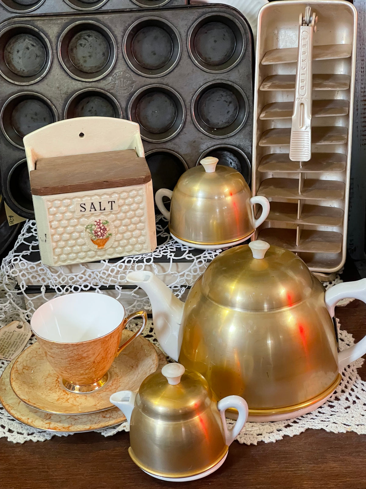 Vintage Japanese Ceramic Tea Service with Gold Anodised Aluminium Covers – 3 Piece