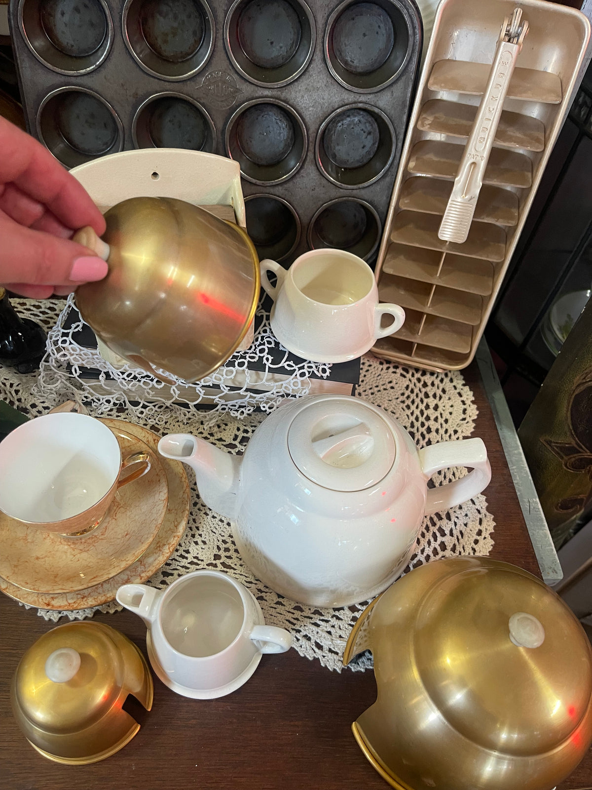 Vintage Japanese Ceramic Tea Service with Gold Anodised Aluminium Covers – 3 Piece