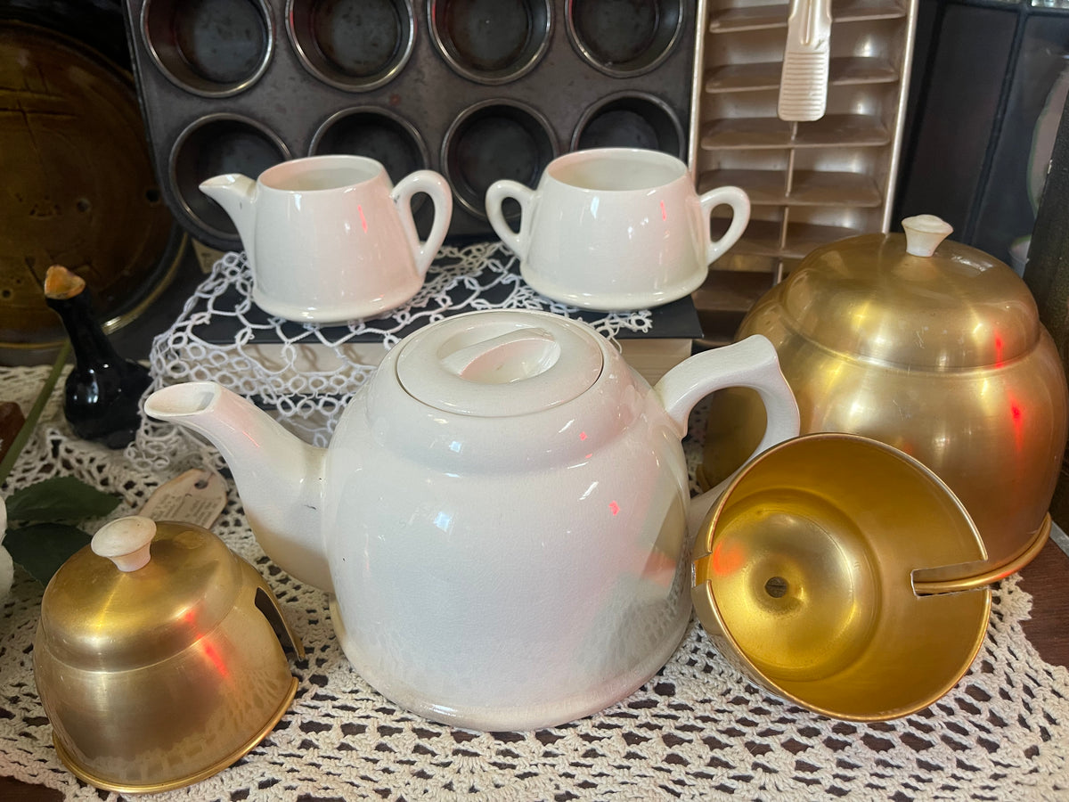 Vintage Japanese Ceramic Tea Service with Gold Anodised Aluminium Covers – 3 Piece