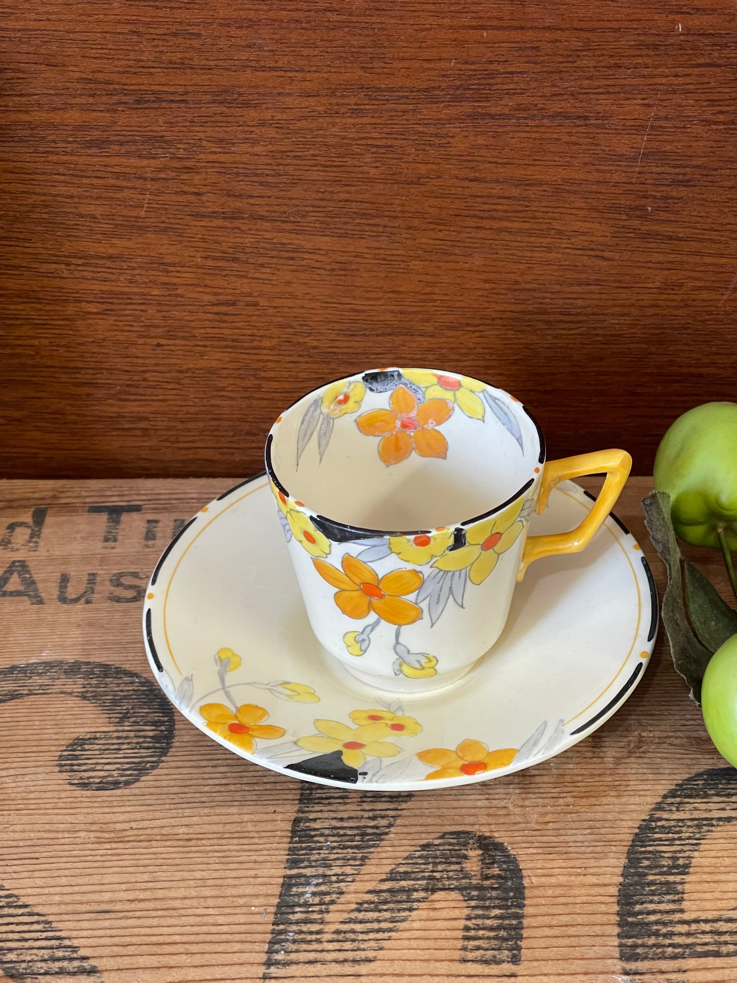 Art Deco Footed Cup & Saucer Set Sunburst by CROWN DUCAL