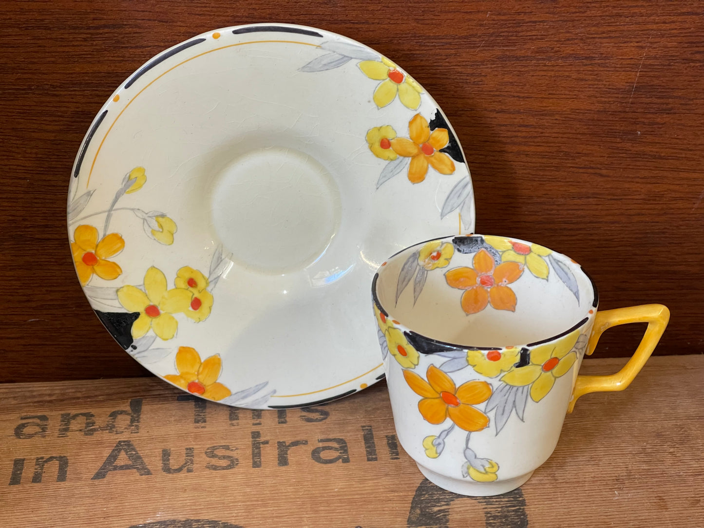 Art Deco Footed Cup & Saucer Set Sunburst by CROWN DUCAL