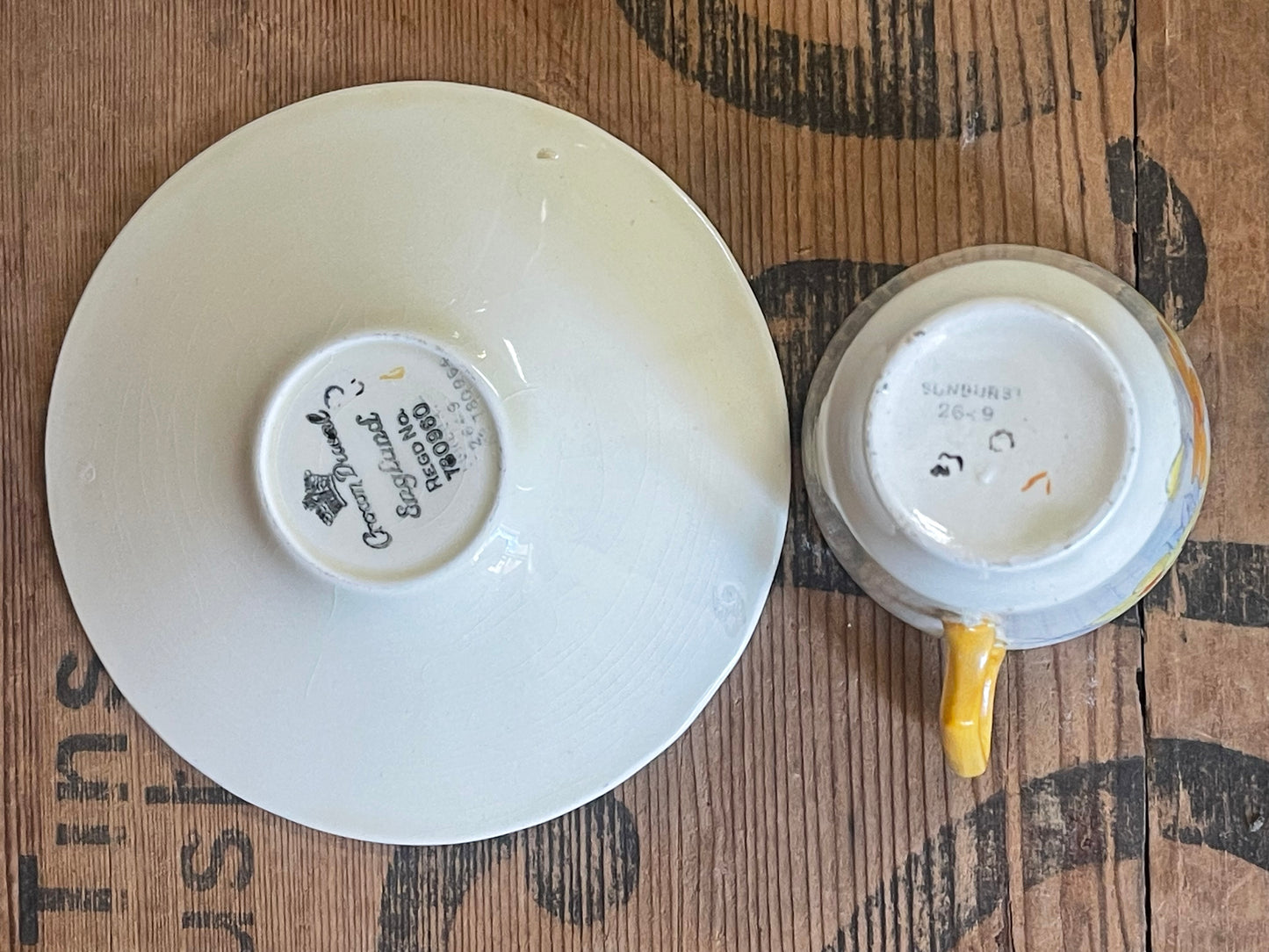 Art Deco Footed Cup & Saucer Set Sunburst by CROWN DUCAL