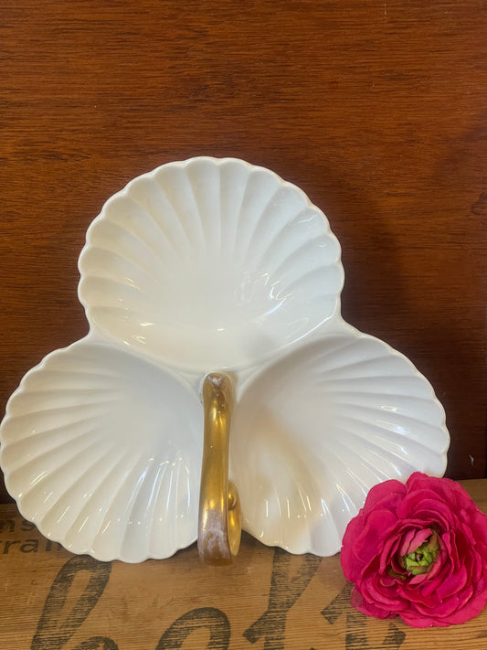 Antique JZ & Co Porcelain c1910 3 Scallop Dish Server with gold handle
