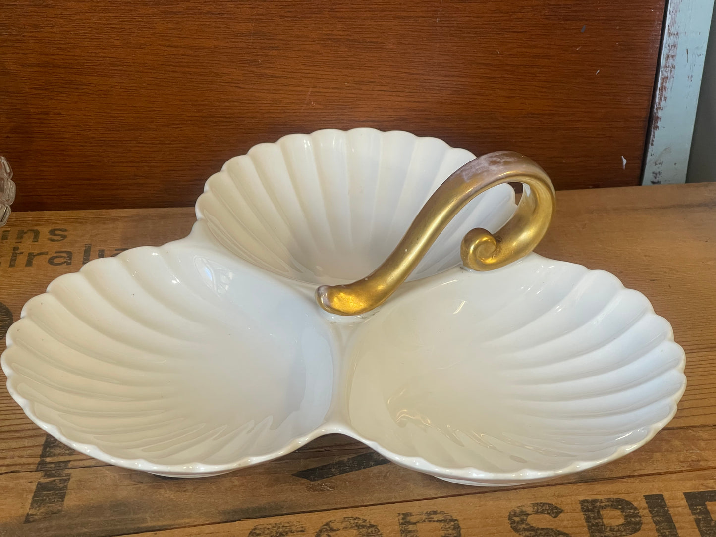 Antique JZ & Co Porcelain c1910 3 Scallop Dish Server with gold handle