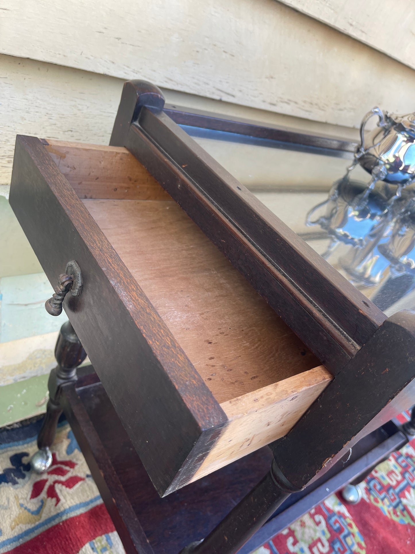 Vintage silky oak tea or drinks trolley with drawer