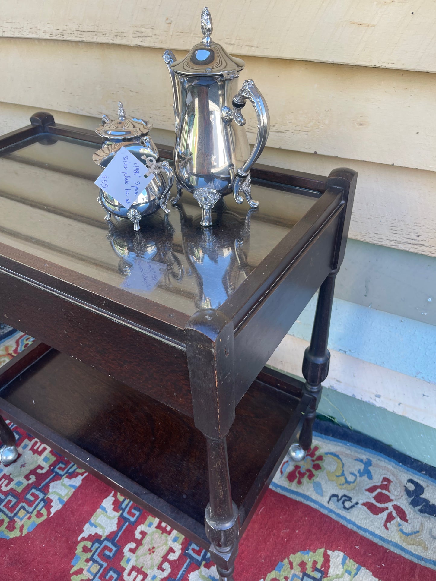 Vintage silky oak tea or drinks trolley with drawer