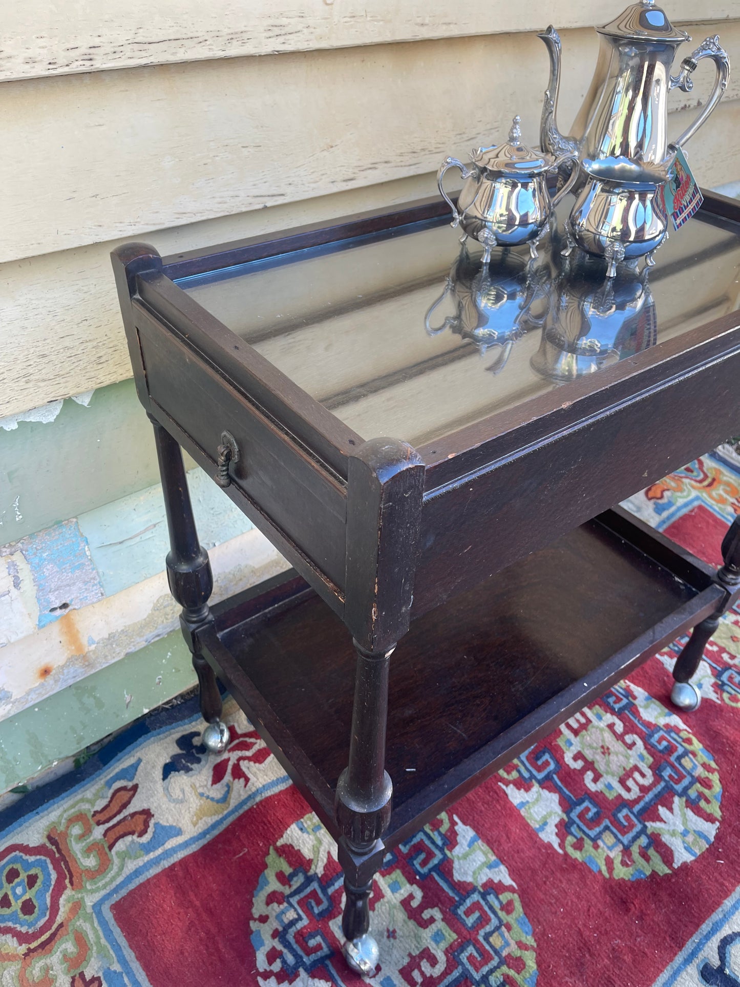 Vintage silky oak tea or drinks trolley with drawer