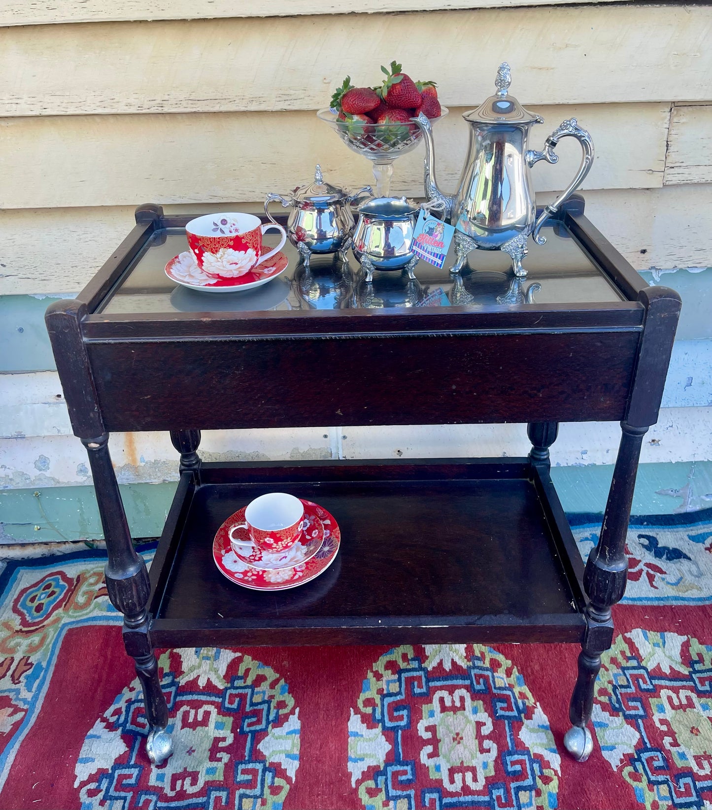 Vintage silky oak tea or drinks trolley with drawer