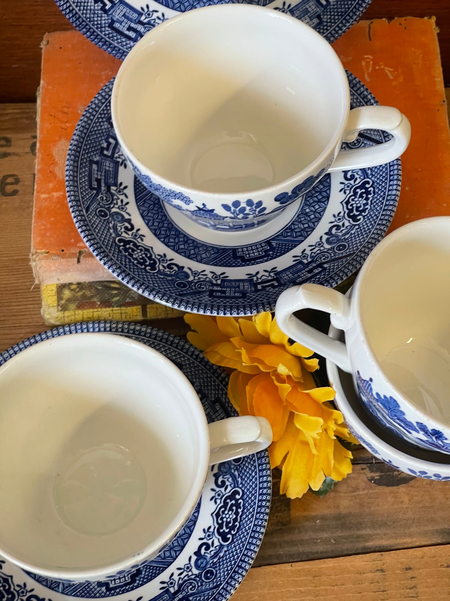 Set of four Vintage Churchill Willow Teacups and saucers
