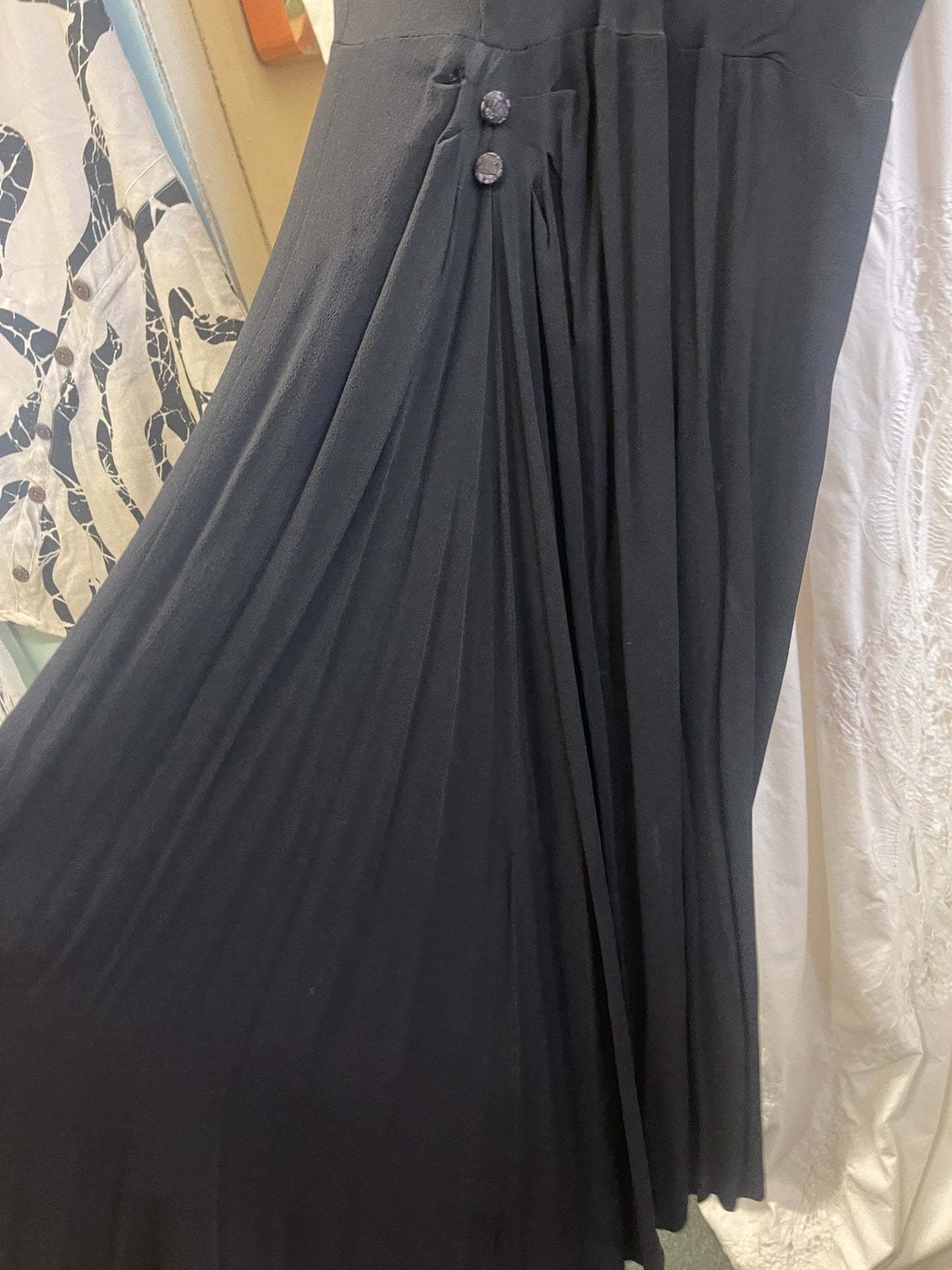 Vintage Black Evening Dress – Lace Shoulder Detail & Draped Bodice (Petite Size)