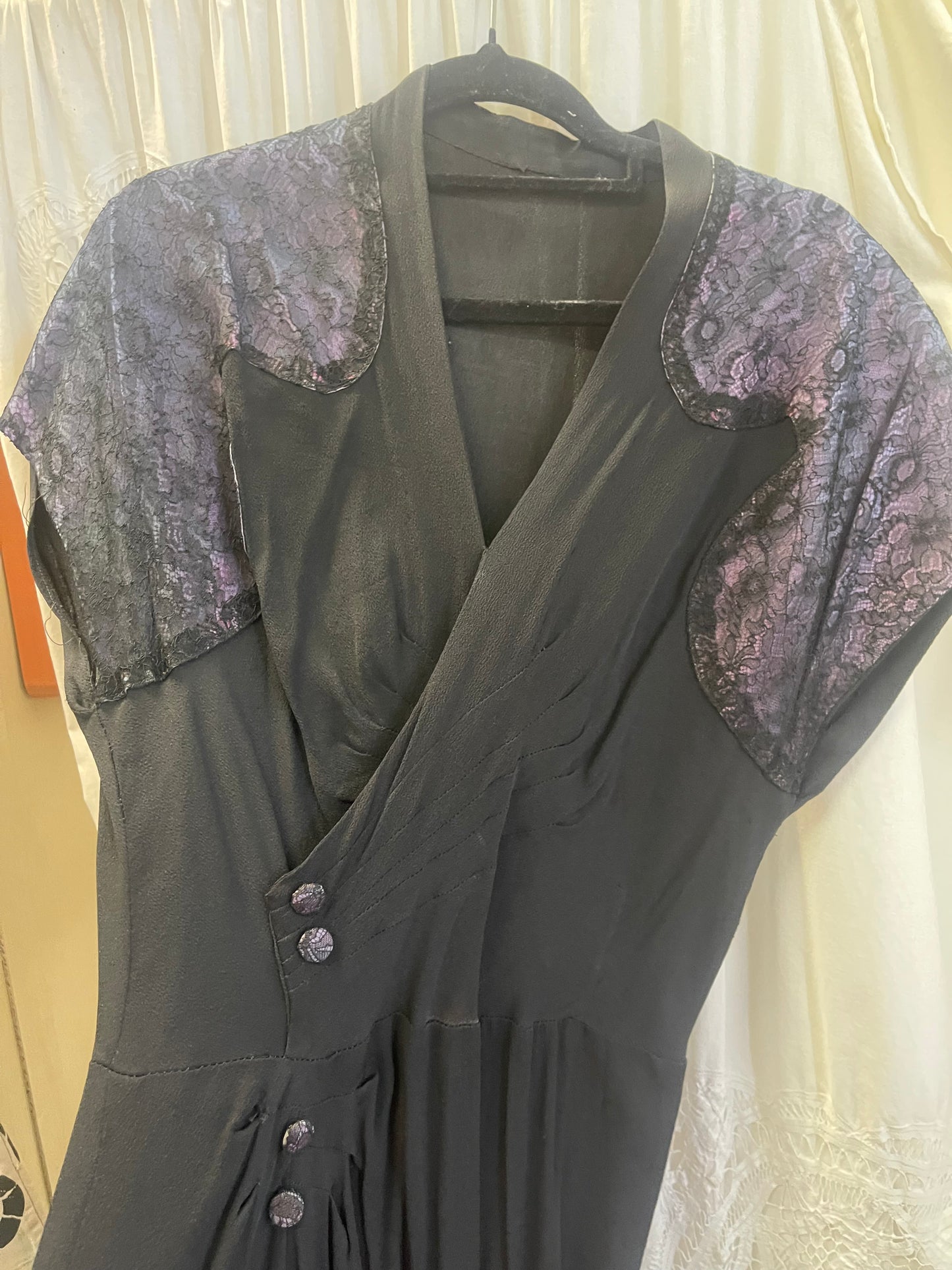 Vintage Black Evening Dress – Lace Shoulder Detail & Draped Bodice (Petite Size)