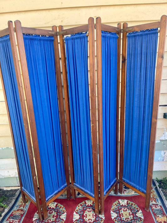 Antique 6 panel timber folding screen with blue fabric curtain insert