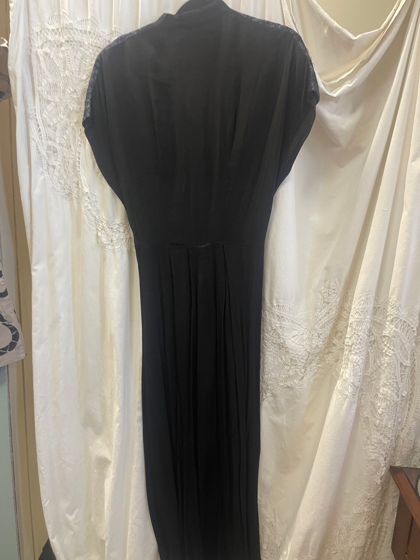 Vintage Black Evening Dress – Lace Shoulder Detail & Draped Bodice (Petite Size)