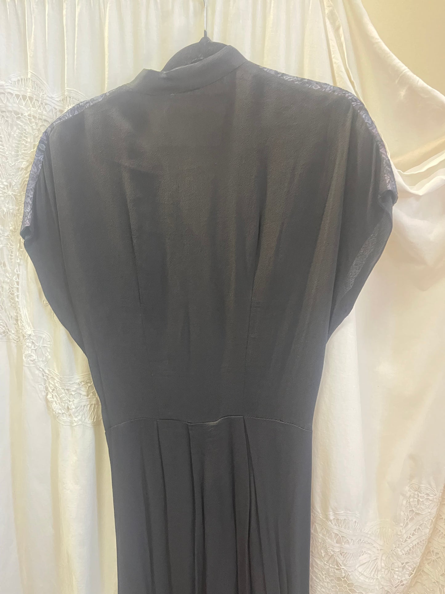 Vintage Black Evening Dress – Lace Shoulder Detail & Draped Bodice (Petite Size)