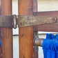 Antique 6 panel timber folding screen with blue fabric curtain insert