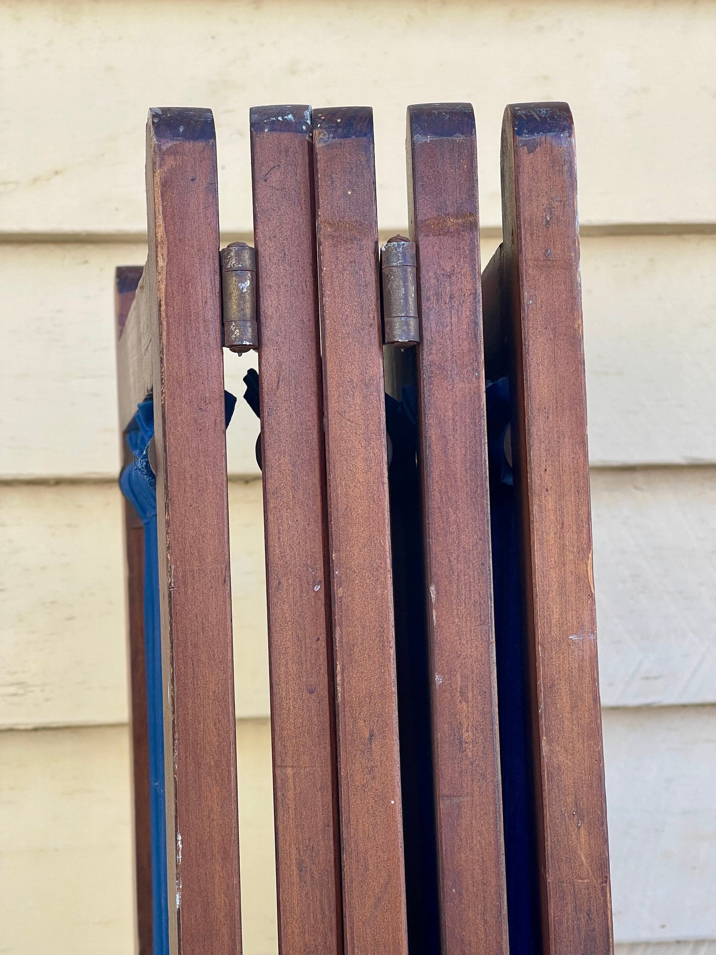 Antique 6 panel timber folding screen with blue fabric curtain insert