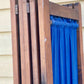 Antique 6 panel timber folding screen with blue fabric curtain insert