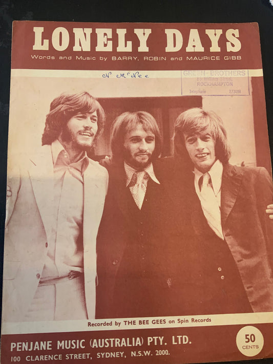 Lonely Days sheet music/ words and music by Barry, Robin and Maurice Gibb 1970