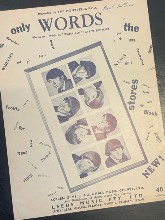 The Monkees Only Words sheet music/ words and music by Tommy Boyce and Bobby Hart 1966