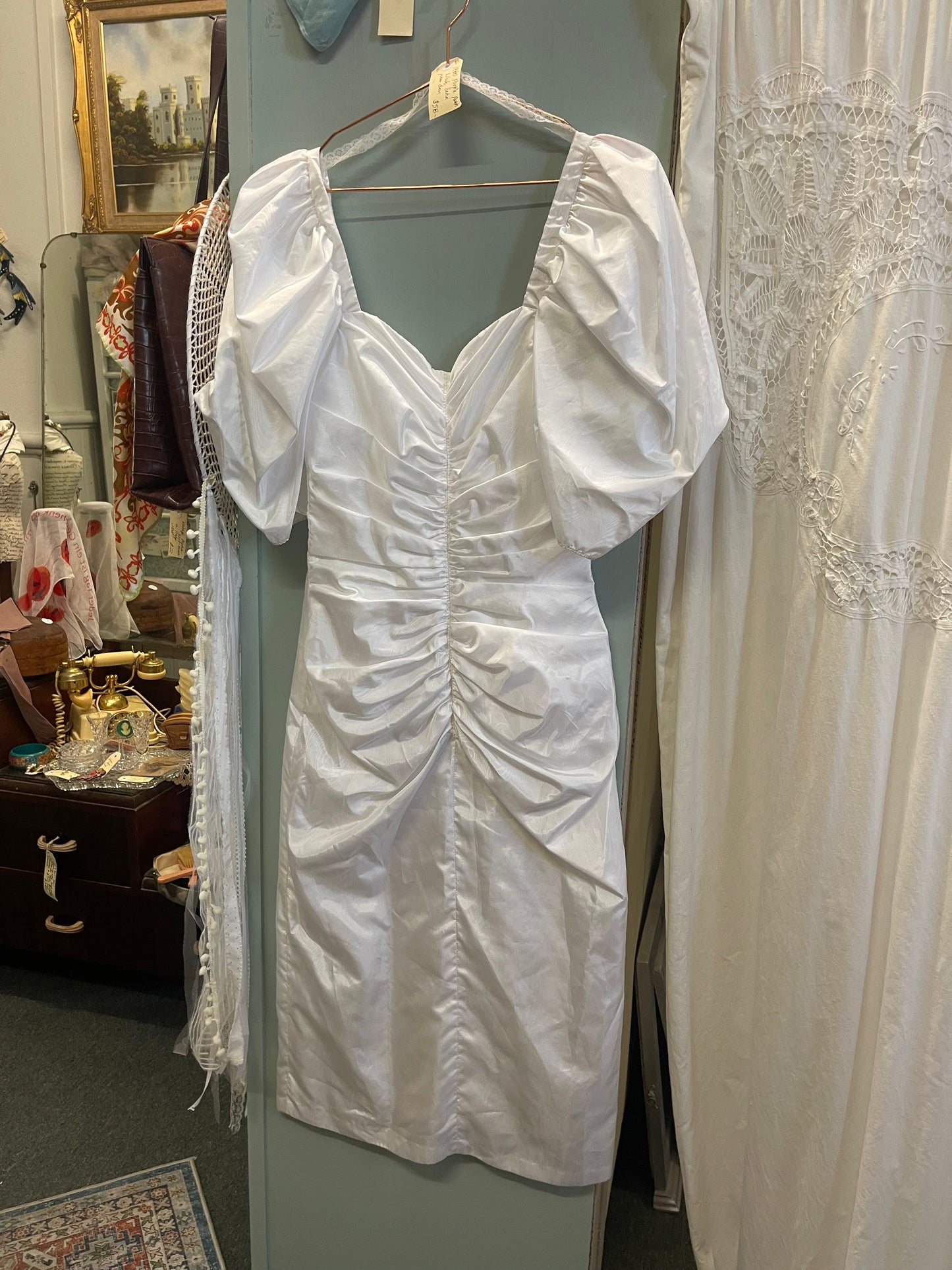 Vintage 1980s white satin ruched party / prom dress – size 8