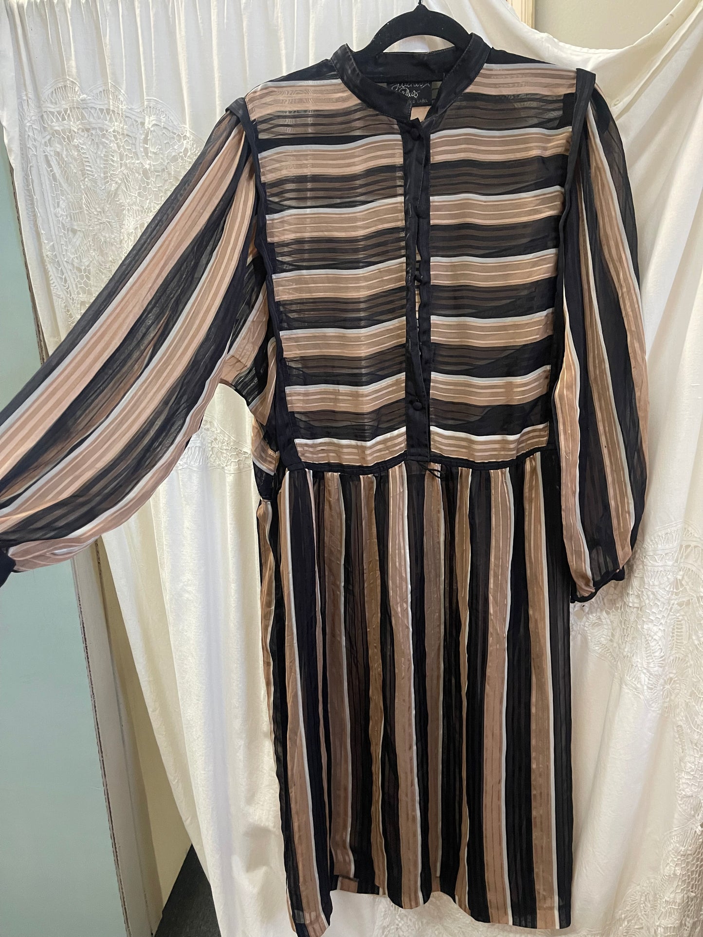 Vintage Sheer Stripe Shirtwaist Dress – Black & Mocha (Size 18 / Modern 16)