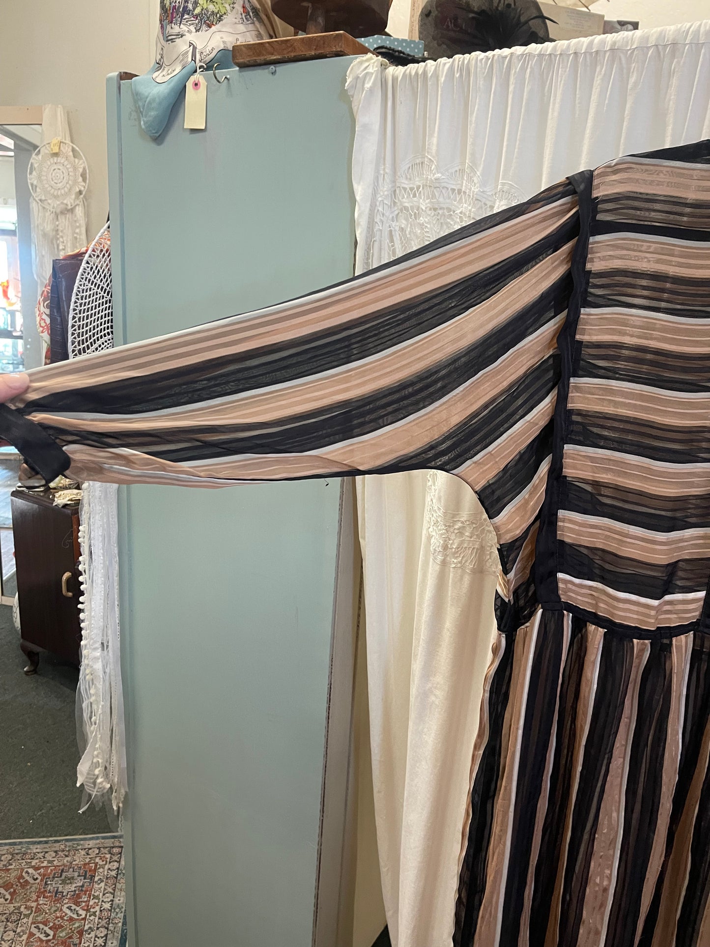 Vintage Sheer Stripe Shirtwaist Dress – Black & Mocha (Size 18 / Modern 16)