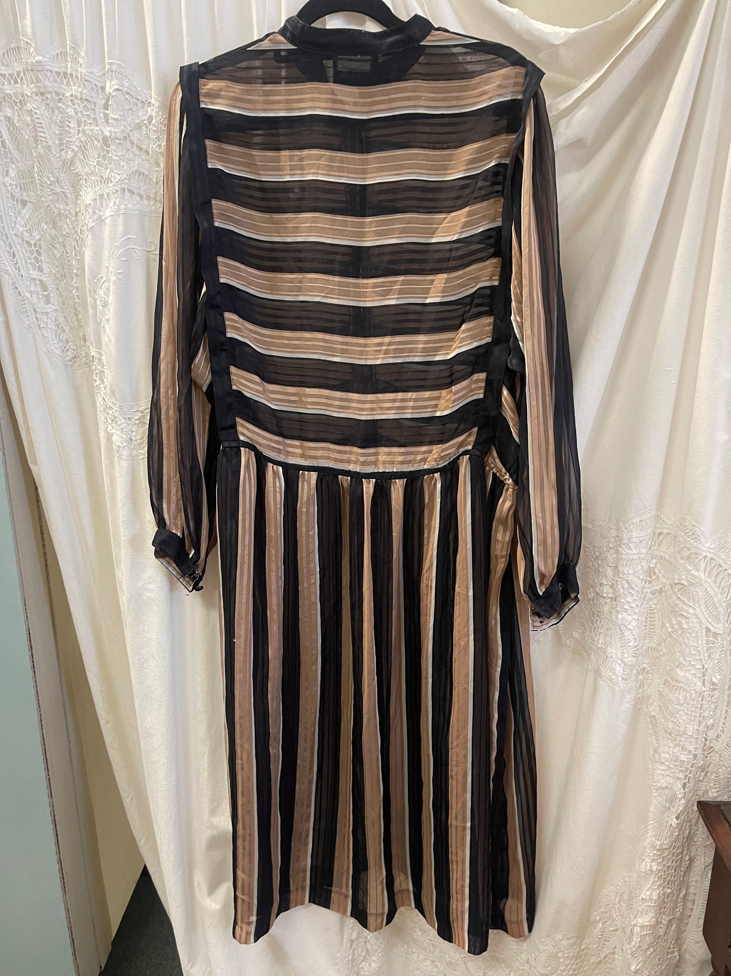 Vintage Sheer Stripe Shirtwaist Dress – Black & Mocha (Size 18 / Modern 16)