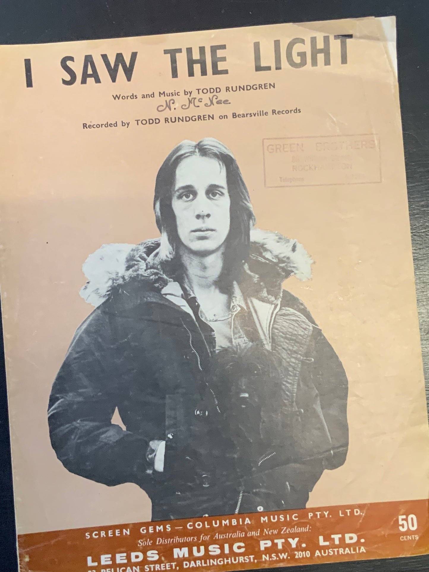 I saw the light Sheet Music/ words, music and recorded by Todd Rundgren 1971