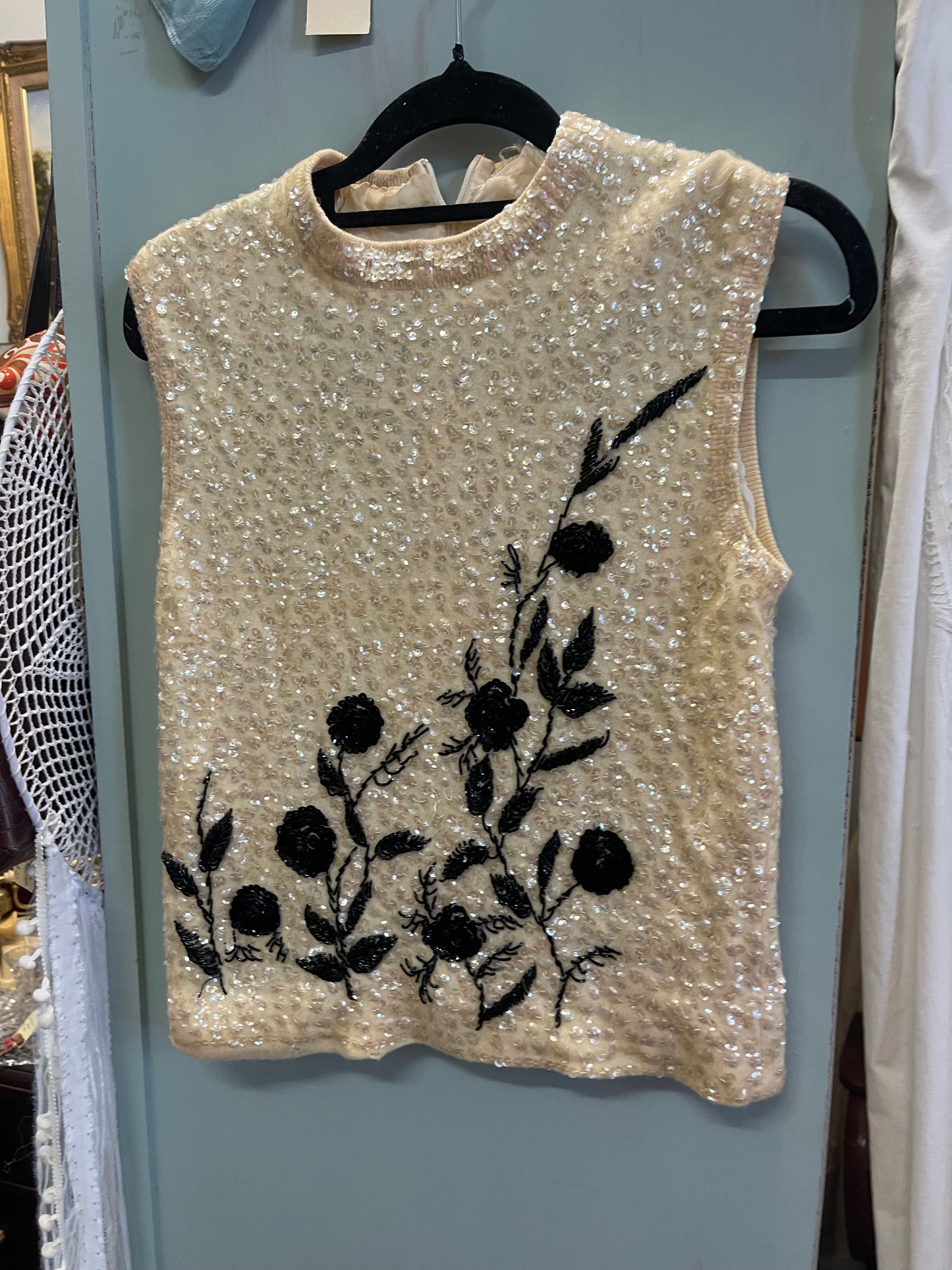 Vintage Sequin Wool Top – Cream & Black Embellished (Petite XS)