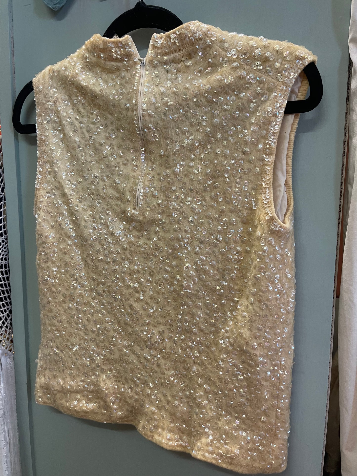 Vintage Sequin Wool Top – Cream & Black Embellished (Petite XS)