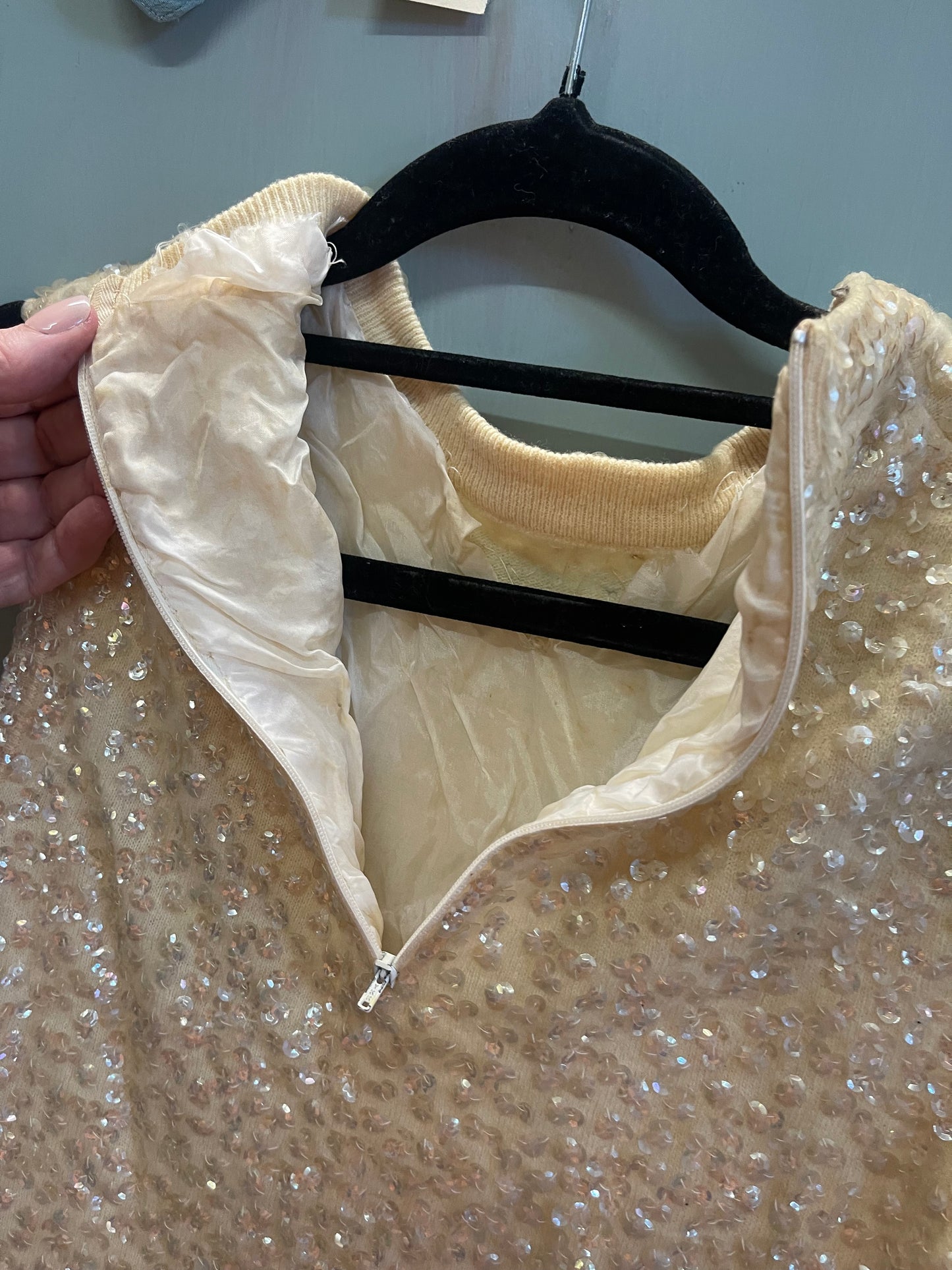 Vintage Sequin Wool Top – Cream & Black Embellished (Petite XS)
