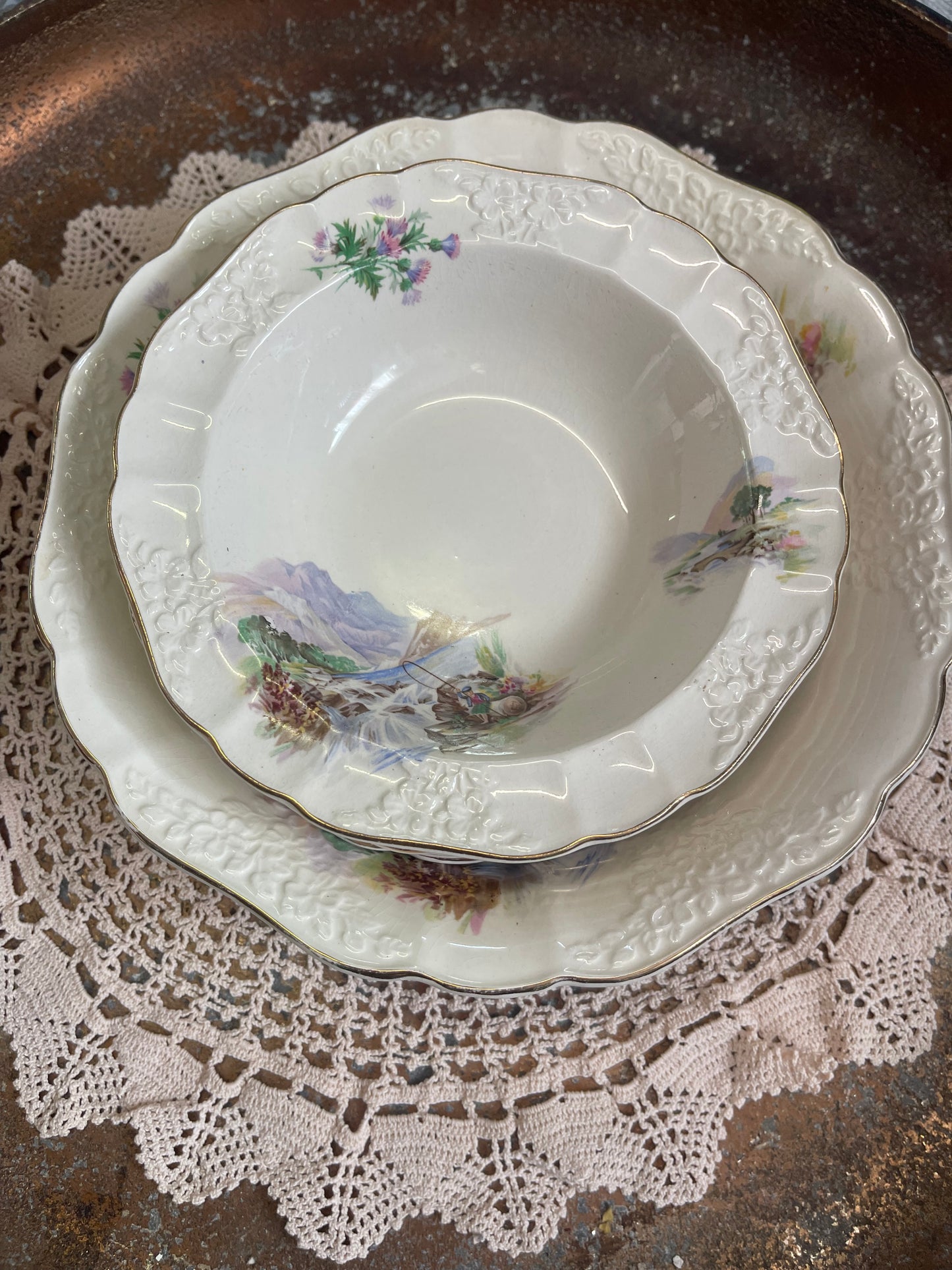 Vintage Empire Porcelain “Scottish Grandeur” Embossed Bowls – Set of 7 (c.1940s–50s)